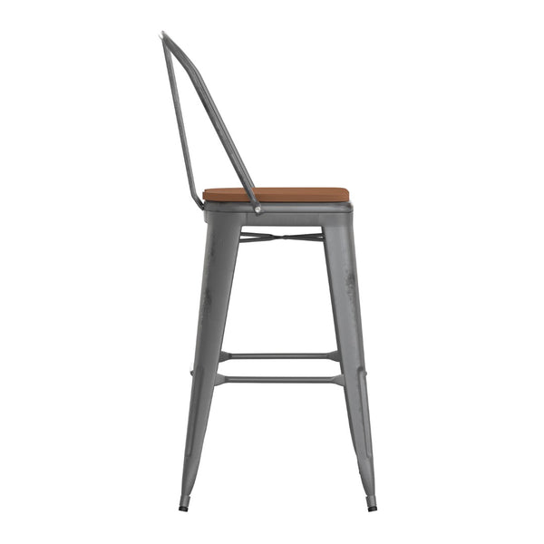 English Elm Lincoln 30" High Vintage Antique Silver Barstool with Ergonomic Back for Home and Commercial Use Teak Seat/Clear Coated Frame XU-DG-TP001B-30-PL1T-GG