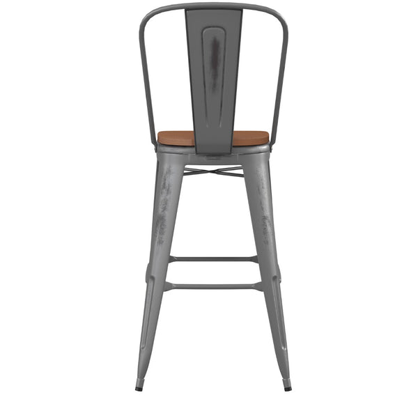 English Elm Lincoln 30" High Vintage Antique Silver Barstool with Ergonomic Back for Home and Commercial Use Teak Seat/Clear Coated Frame XU-DG-TP001B-30-PL1T-GG