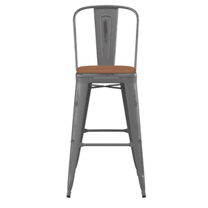 English Elm Lincoln 30" High Vintage Antique Silver Barstool with Ergonomic Back for Home and Commercial Use Teak Seat/Clear Coated Frame XU-DG-TP001B-30-PL1T-GG