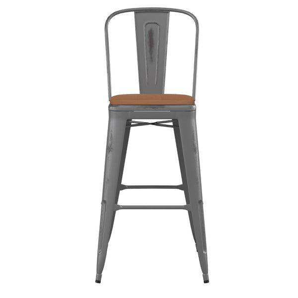 English Elm Lincoln 30" High Vintage Antique Silver Barstool with Ergonomic Back for Home and Commercial Use Teak Seat/Clear Coated Frame XU-DG-TP001B-30-PL1T-GG