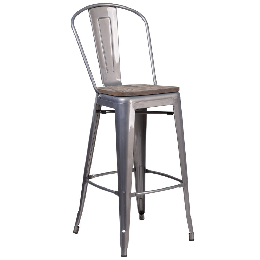 English Elm Lincoln 30" High Antique Silver Barstool with Wood Seat & Curved Back for Home or Business Use XU-DG-TP001B-30-WD-GG