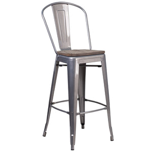English Elm Lincoln 30" High Antique Silver Barstool with Wood Seat & Curved Back for Home or Business Use XU-DG-TP001B-30-WD-GG