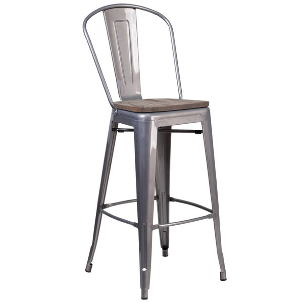 English Elm Lincoln 30" High Antique Silver Barstool with Wood Seat & Curved Back for Home or Business Use XU-DG-TP001B-30-WD-GG