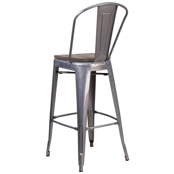 English Elm Lincoln 30" High Antique Silver Barstool with Wood Seat & Curved Back for Home or Business Use XU-DG-TP001B-30-WD-GG