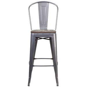 English Elm Lincoln 30" High Antique Silver Barstool with Wood Seat & Curved Back for Home or Business Use XU-DG-TP001B-30-WD-GG