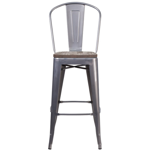 English Elm Lincoln 30" High Antique Silver Barstool with Wood Seat & Curved Back for Home or Business Use XU-DG-TP001B-30-WD-GG