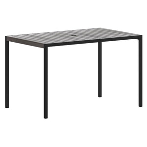 English Elm Lark Outdoor Dining Table - Durable Steel Frame with Synthetic Slats & Umbrella Holder for Versatile Use Gray Wash Teak 30"W x 48"L XU-DG-UH3048-GY-GG