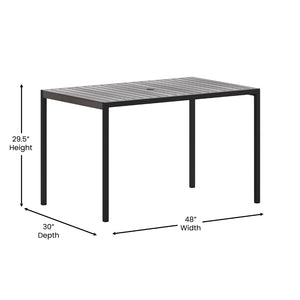 English Elm Lark Outdoor Dining Table - Durable Steel Frame with Synthetic Slats & Umbrella Holder for Versatile Use Gray Wash Teak 30"W x 48"L XU-DG-UH3048-GY-GG