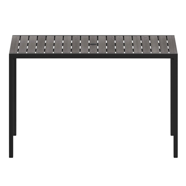 English Elm Lark Outdoor Dining Table - Durable Steel Frame with Synthetic Slats & Umbrella Holder for Versatile Use Gray Wash Teak 30"W x 48"L XU-DG-UH3048-GY-GG