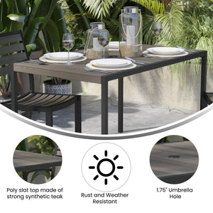 English Elm Lark Outdoor Dining Table - Durable Steel Frame with Synthetic Slats & Umbrella Holder for Versatile Use Gray Wash Teak 30"W x 48"L XU-DG-UH3048-GY-GG