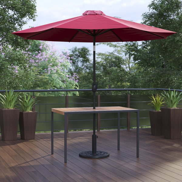 English Elm Lark 3-Piece Outdoor Patio Dining Set with Synthetic Teak Table, Stylish Umbrella, and Base Red 30"W x 48"L XU-DG-UH3048-UB19BRD-GG
