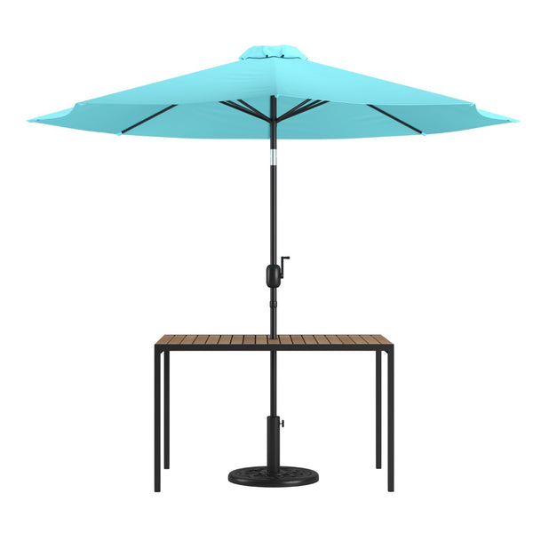 English Elm Lark 3-Piece Outdoor Patio Dining Set with Synthetic Teak Table, Stylish Umbrella, and Base Teal 30"W x 48"L XU-DG-UH3048-UB19BTL-GG