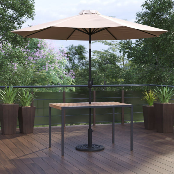 English Elm Lark 3-Piece Outdoor Patio Dining Set with Synthetic Teak Table, Stylish Umbrella, and Base Tan 30"W x 48"L XU-DG-UH3048-UB19BTN-GG