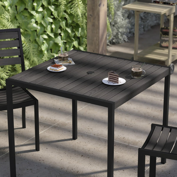 English Elm Lark Outdoor Dining Table - Durable Synthetic Slat Design with Steel Frame and Umbrella Hole Option Gray Wash Teak 35" Square XU-DG-UH8100-GY-GG