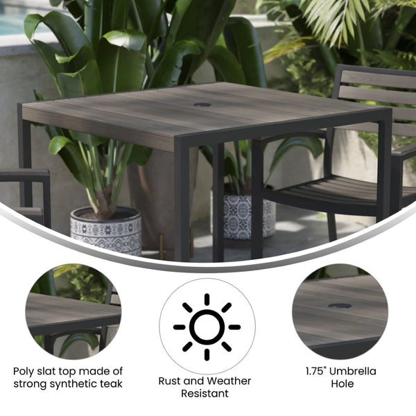 English Elm Lark Outdoor Dining Table - Durable Synthetic Slat Design with Steel Frame and Umbrella Hole Option Gray Wash Teak 35" Square XU-DG-UH8100-GY-GG