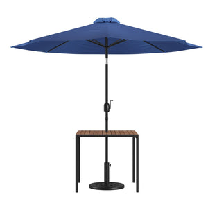 English Elm Lark 3-Piece Outdoor Patio Table Set – Stylish Faux Teak Table with 9ft Umbrella for Al Fresco Dining Navy 36" Square XU-DG-UH8100-UB19BNV-GG