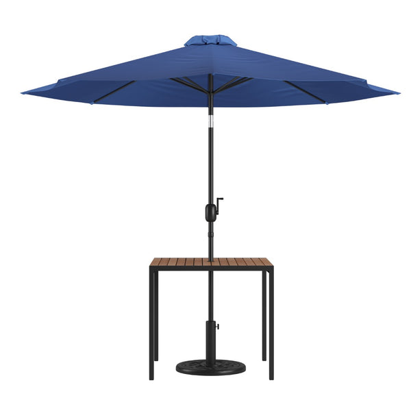English Elm Lark 3-Piece Outdoor Patio Table Set – Stylish Faux Teak Table with 9ft Umbrella for Al Fresco Dining Navy 36" Square XU-DG-UH8100-UB19BNV-GG