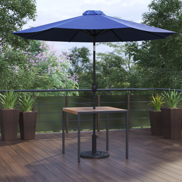 English Elm Lark 3-Piece Outdoor Patio Table Set – Stylish Faux Teak Table with 9ft Umbrella for Al Fresco Dining Navy 36" Square XU-DG-UH8100-UB19BNV-GG