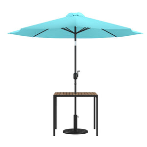 English Elm Lark 3-Piece Outdoor Patio Table Set – Stylish Faux Teak Table with 9ft Umbrella for Al Fresco Dining Teal 36" Square XU-DG-UH8100-UB19BTL-GG
