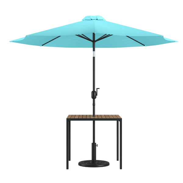 English Elm Lark 3-Piece Outdoor Patio Table Set – Stylish Faux Teak Table with 9ft Umbrella for Al Fresco Dining Teal 36" Square XU-DG-UH8100-UB19BTL-GG