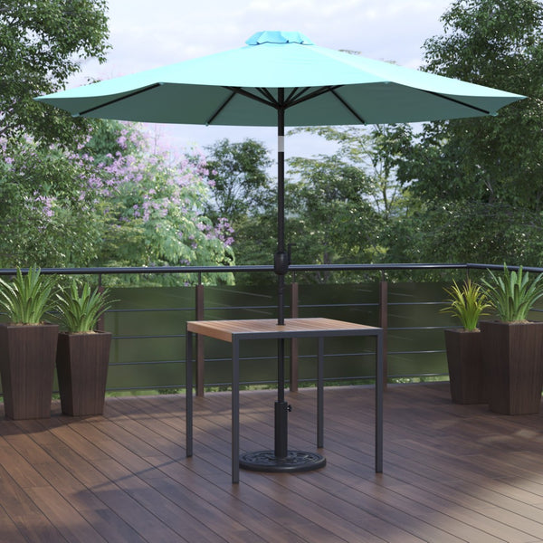 English Elm Lark 3-Piece Outdoor Patio Table Set – Stylish Faux Teak Table with 9ft Umbrella for Al Fresco Dining Teal 36" Square XU-DG-UH8100-UB19BTL-GG