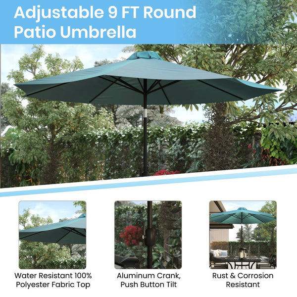 English Elm Lark 3-Piece Outdoor Patio Table Set – Stylish Faux Teak Table with 9ft Umbrella for Al Fresco Dining Teal 36" Square XU-DG-UH8100-UB19BTL-GG