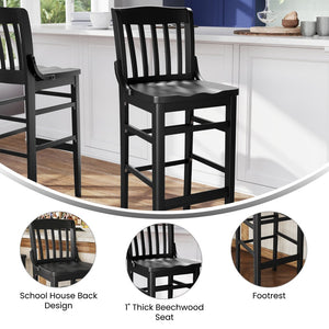 English Elm HERCULES School House Back Wood Barstool – Timeless Design for Restaurants, Bars, and Homes Black XU-DG-W0006B-BLK-GG