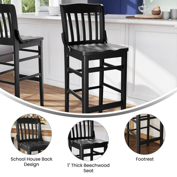 English Elm HERCULES School House Back Wood Barstool – Timeless Design for Restaurants, Bars, and Homes Black XU-DG-W0006B-BLK-GG