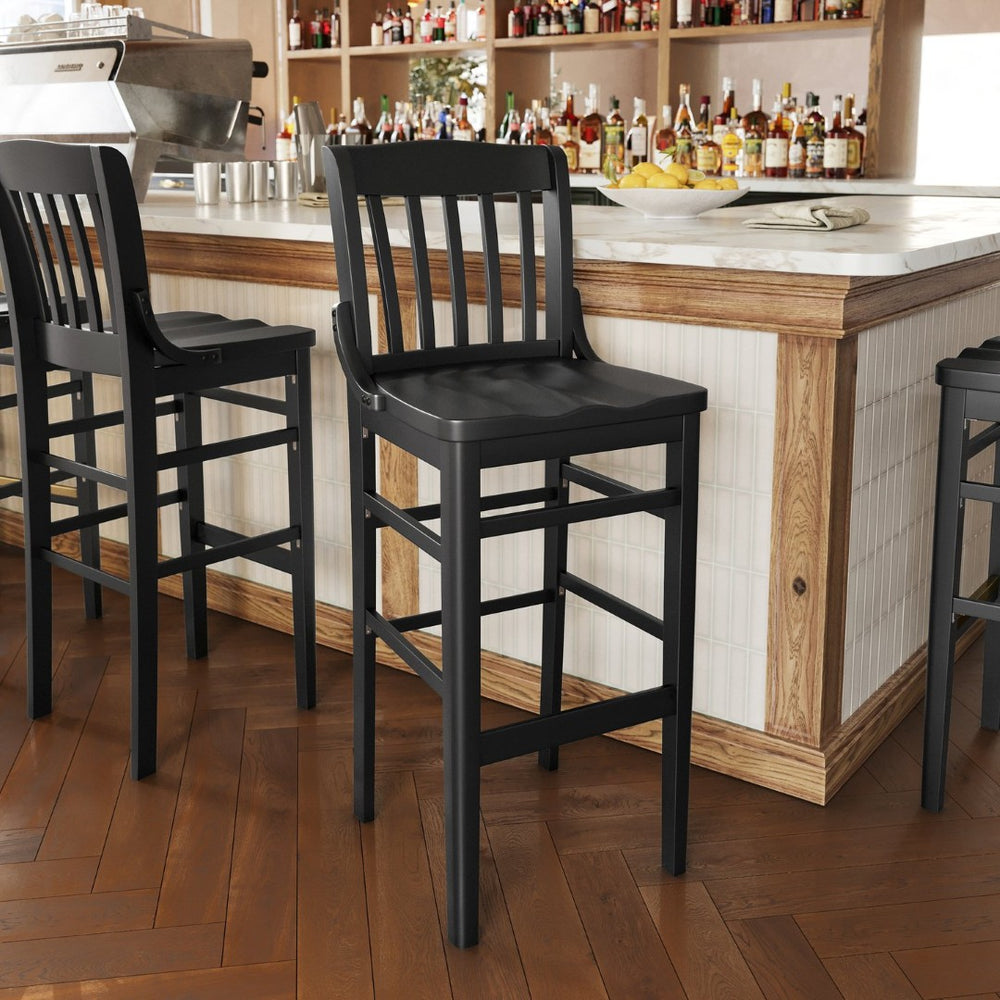 English Elm HERCULES School House Back Wood Barstool – Timeless Design for Restaurants, Bars, and Homes Black XU-DG-W0006B-BLK-GG