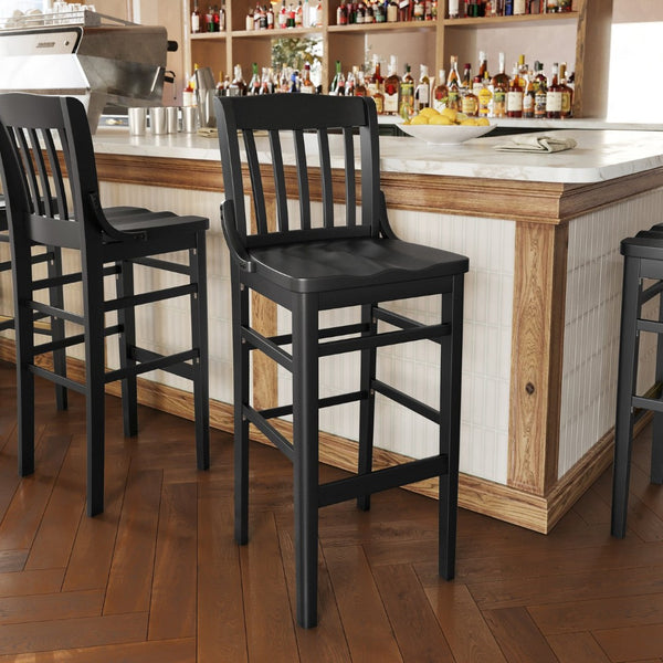 English Elm HERCULES School House Back Wood Barstool – Timeless Design for Restaurants, Bars, and Homes Black XU-DG-W0006B-BLK-GG
