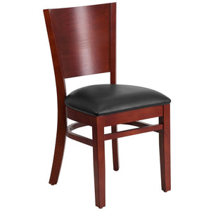 English Elm Lacey Series Solid Back Restaurant Chair – Durable Comfort with Elegant Mahogany Design for Dining Black Vinyl Seat/Mahogany Wood Frame XU-DG-W0094B-MAH-BLKV-GG