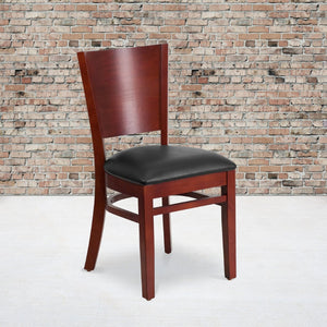 English Elm Lacey Series Solid Back Restaurant Chair – Durable Comfort with Elegant Mahogany Design for Dining Black Vinyl Seat/Mahogany Wood Frame XU-DG-W0094B-MAH-BLKV-GG