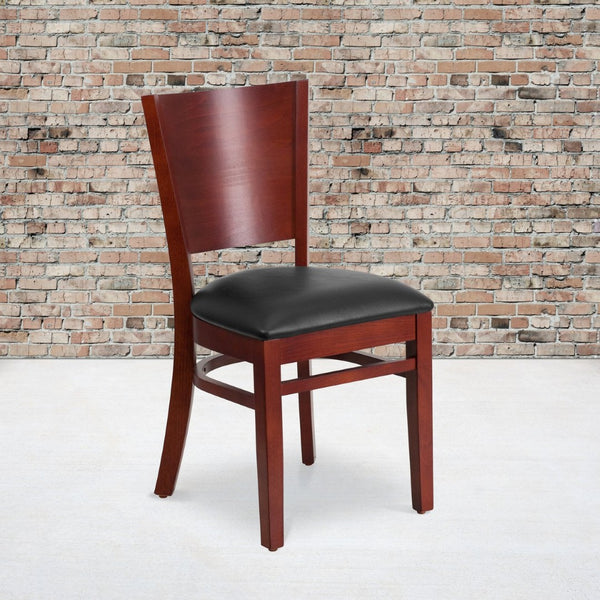 English Elm Lacey Series Solid Back Restaurant Chair – Durable Comfort with Elegant Mahogany Design for Dining Black Vinyl Seat/Mahogany Wood Frame XU-DG-W0094B-MAH-BLKV-GG