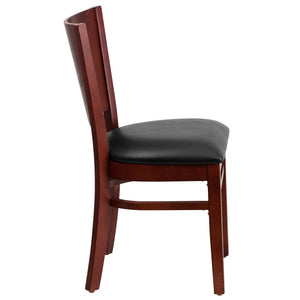 English Elm Lacey Series Solid Back Restaurant Chair – Durable Comfort with Elegant Mahogany Design for Dining Black Vinyl Seat/Mahogany Wood Frame XU-DG-W0094B-MAH-BLKV-GG