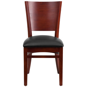 English Elm Lacey Series Solid Back Restaurant Chair – Durable Comfort with Elegant Mahogany Design for Dining Black Vinyl Seat/Mahogany Wood Frame XU-DG-W0094B-MAH-BLKV-GG