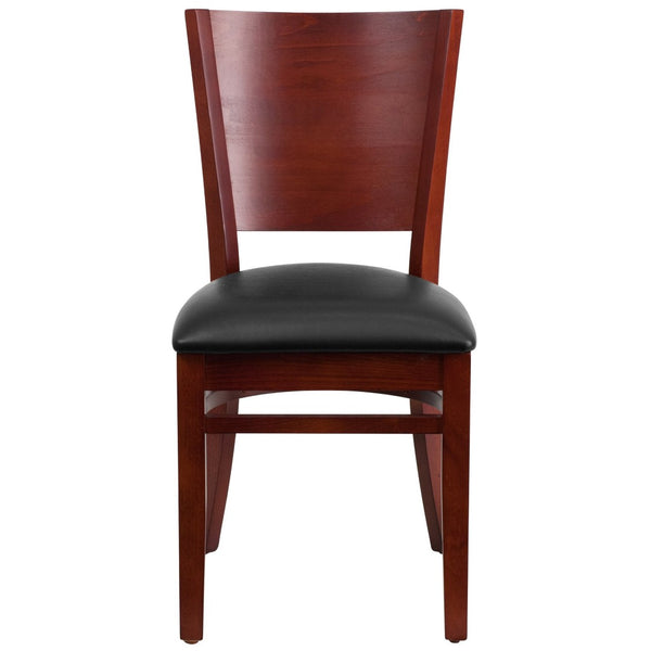English Elm Lacey Series Solid Back Restaurant Chair – Durable Comfort with Elegant Mahogany Design for Dining Black Vinyl Seat/Mahogany Wood Frame XU-DG-W0094B-MAH-BLKV-GG