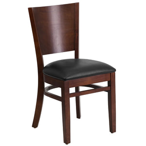 English Elm Lacey Series Solid Back Restaurant Chair – Durable Comfort with Elegant Mahogany Design for Dining Black Vinyl Seat/Walnut Wood Frame XU-DG-W0094B-WAL-BLKV-GG