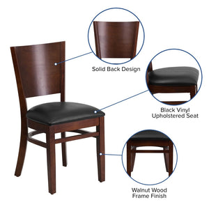 English Elm Lacey Series Solid Back Restaurant Chair – Durable Comfort with Elegant Mahogany Design for Dining Black Vinyl Seat/Walnut Wood Frame XU-DG-W0094B-WAL-BLKV-GG