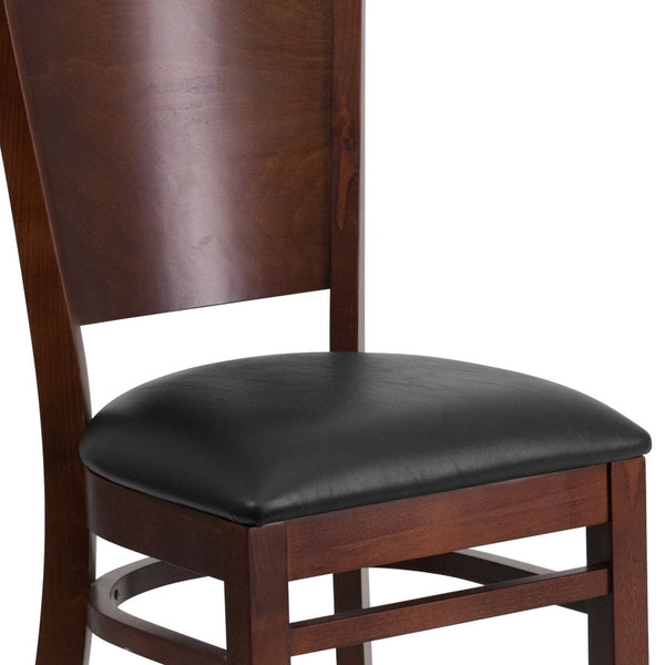 English Elm Lacey Series Solid Back Restaurant Chair – Durable Comfort with Elegant Mahogany Design for Dining Black Vinyl Seat/Walnut Wood Frame XU-DG-W0094B-WAL-BLKV-GG