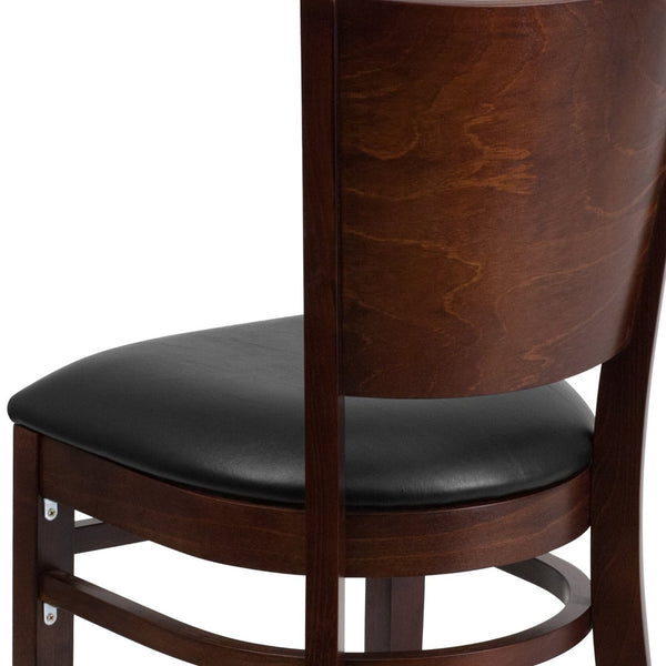 English Elm Lacey Series Solid Back Restaurant Chair – Durable Comfort with Elegant Mahogany Design for Dining Black Vinyl Seat/Walnut Wood Frame XU-DG-W0094B-WAL-BLKV-GG