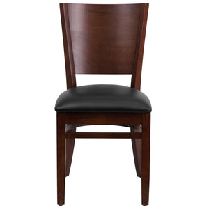 English Elm Lacey Series Solid Back Restaurant Chair – Durable Comfort with Elegant Mahogany Design for Dining Black Vinyl Seat/Walnut Wood Frame XU-DG-W0094B-WAL-BLKV-GG