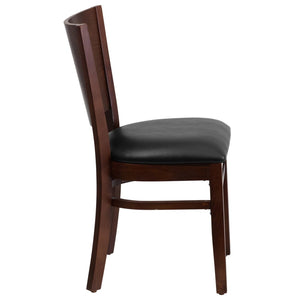 English Elm Lacey Series Solid Back Restaurant Chair – Durable Comfort with Elegant Mahogany Design for Dining Black Vinyl Seat/Walnut Wood Frame XU-DG-W0094B-WAL-BLKV-GG