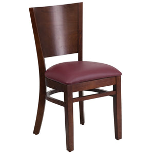 English Elm Lacey Series Solid Back Restaurant Chair – Durable Comfort with Elegant Mahogany Design for Dining Burgundy Vinyl Seat/Walnut Wood Frame XU-DG-W0094B-WAL-BURV-GG