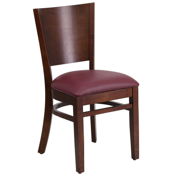 English Elm Lacey Series Solid Back Restaurant Chair – Durable Comfort with Elegant Mahogany Design for Dining Burgundy Vinyl Seat/Walnut Wood Frame XU-DG-W0094B-WAL-BURV-GG