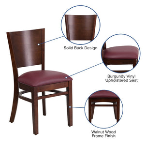 English Elm Lacey Series Solid Back Restaurant Chair – Durable Comfort with Elegant Mahogany Design for Dining Burgundy Vinyl Seat/Walnut Wood Frame XU-DG-W0094B-WAL-BURV-GG