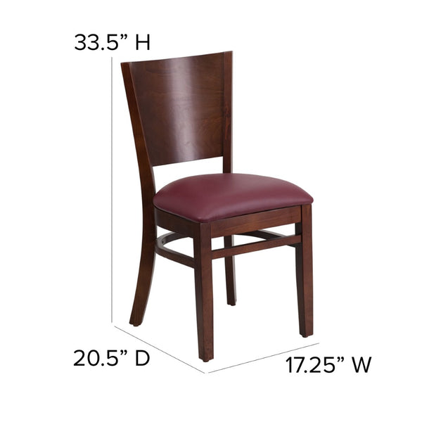 English Elm Lacey Series Solid Back Restaurant Chair – Durable Comfort with Elegant Mahogany Design for Dining Burgundy Vinyl Seat/Walnut Wood Frame XU-DG-W0094B-WAL-BURV-GG