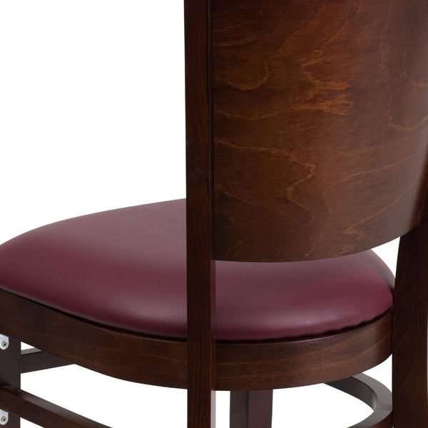 English Elm Lacey Series Solid Back Restaurant Chair – Durable Comfort with Elegant Mahogany Design for Dining Burgundy Vinyl Seat/Walnut Wood Frame XU-DG-W0094B-WAL-BURV-GG