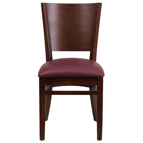 English Elm Lacey Series Solid Back Restaurant Chair – Durable Comfort with Elegant Mahogany Design for Dining Burgundy Vinyl Seat/Walnut Wood Frame XU-DG-W0094B-WAL-BURV-GG