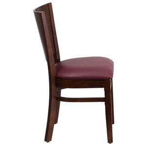 English Elm Lacey Series Solid Back Restaurant Chair – Durable Comfort with Elegant Mahogany Design for Dining Burgundy Vinyl Seat/Walnut Wood Frame XU-DG-W0094B-WAL-BURV-GG