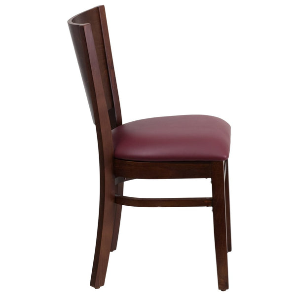 English Elm Lacey Series Solid Back Restaurant Chair – Durable Comfort with Elegant Mahogany Design for Dining Burgundy Vinyl Seat/Walnut Wood Frame XU-DG-W0094B-WAL-BURV-GG